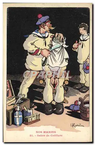 Cartes postales Militaria Coiffeur Perruquier Illustrateur Gervese Nos marins Salon de coiffure