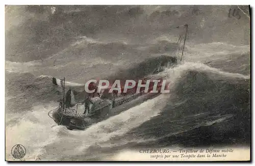 Cartes postales Bateau Guerre Cherbourg Torpilleur de defense mobile surpris par une tempete dans la Manche