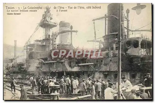 Cartes postales Bateau Toulon La catastrophe de l&#39Iena Vue de l&#39Iena cote babord Le navire brulant encore