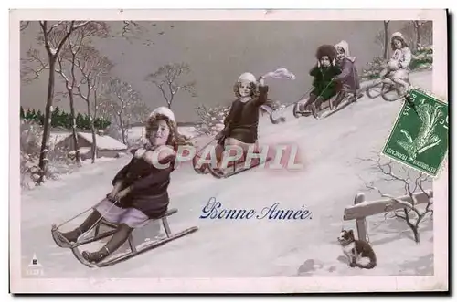 Cartes postales Sports d&#39hiver Ski Enfants Luge Chat chaton