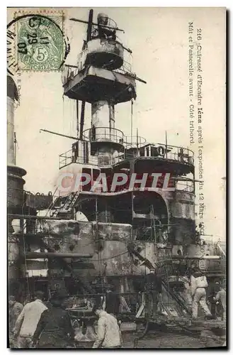 Cartes postales Bateau de guerre Iena Cuirasse d&#39escadre apres l&#39explosion Mat et passerelle avant Cote tr