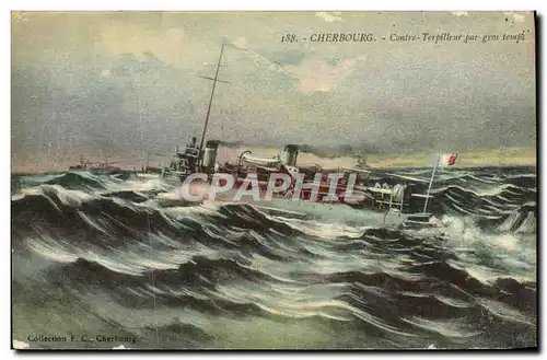 Cartes postales Bateau Guerre Cherbourg Contre torpilleur par gros temps