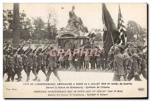 Cartes postales Militaria Fete de l&#39independance americaine a Paris 4 juillet 1918 Statue de Strasbourg Alsac