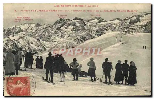 Cartes postales Sports d&#39hiver Ski Luchon Plateau de Superbagneres Devant le massif de la Maladetta Monts mau