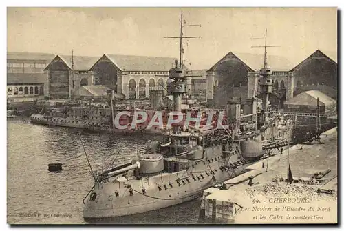 Cartes postales Bateau Guerre Cherbourg Les navires de l&#39escadre du Nord et les cales en construction