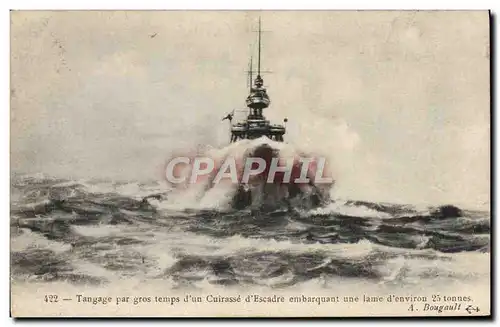 Cartes postales Bateau Guerre Tangage par gros temps d&#39un cuirasse d&#39escadre