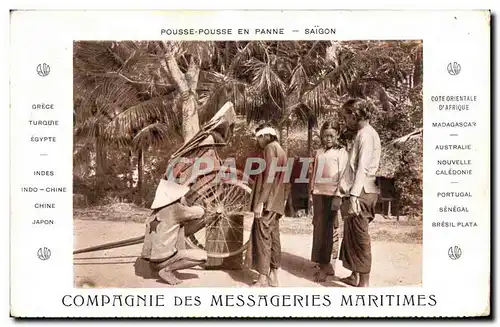 Cartes postales Bateau Compagnie des Messageries Maritimes Pousse pousse en panne Saigon Indochine