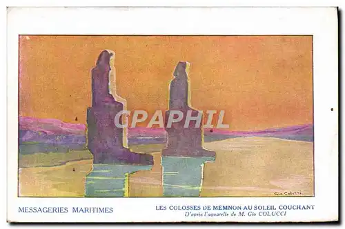 Cartes postales Bateau Paquebot Compagnie des Messageries Maritimes Les colosses de Mennon au soleil couchant Eg