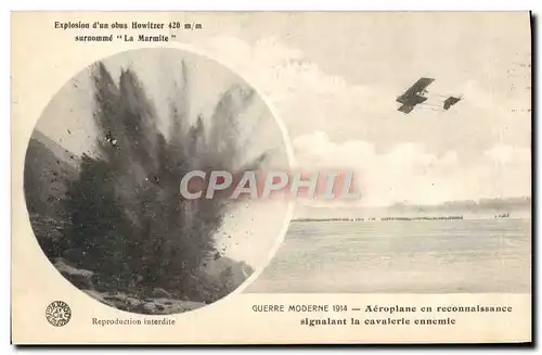 Cartes postales Militaria Explosion d&#39un obus Howitzer 420mm surnomme La marmite Aeroplane en reconnaissance