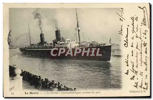 Cartes postales Bateau Paquebot Le Havre La Savoie Transatlantique sortant du port