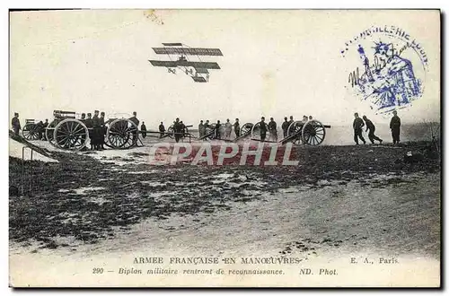 Cartes postales Militaria Manoeuvres Biplan militaire rentrant de reconnaissance Avion