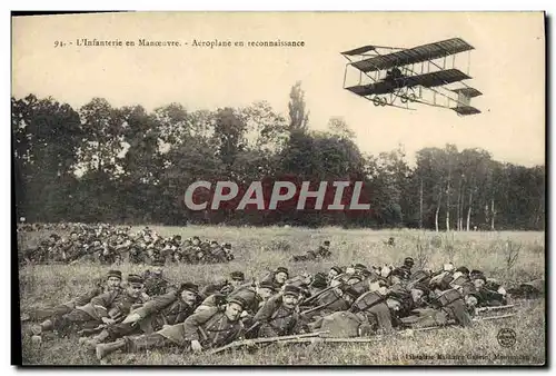 Cartes postales Militaria L&#39infanterie en manoeuvre Aeroplane en reconnaissance Avion