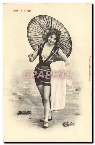 Cartes postales Femme Maillot de Bains Sur la plage Eventail