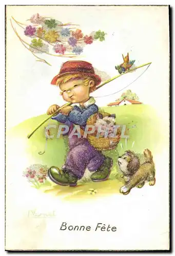 Cartes postales Fantaisie Illustrateur Enfant Peche Pecheur Chien