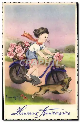 Cartes postales Fantaisie Illustrateur Enfant chien Velo Cycle