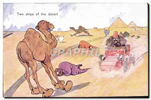 Ansichtskarte AK Fantaisie Illustrateur Egypt Egypte Pyramid Two ships of the desert Chameau Automobile