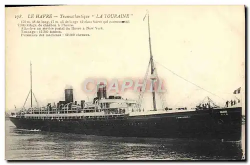 Ansichtskarte AK Bateau Paquebot Le Havre Transatlantique La Touraine