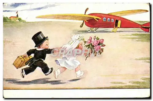 Ansichtskarte AK Fantaisie Illustrateur Enfants Avion Mariage