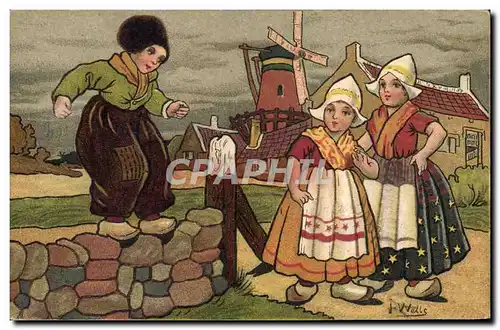 Cartes postales Fantaisie Illustrateur Wells Enfants Pays-Bas Moulin a vent