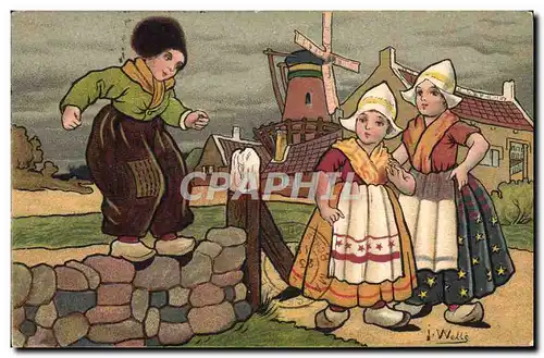 Cartes postales Fantaisie Illustrateur Wells Enfants Pays-Bas Moulin a vent