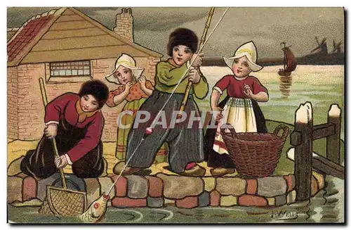 Cartes postales Fantaisie Illustrateur Wells Enfants Pays-Bas Peche Poisson Moulin a vent Pecheur