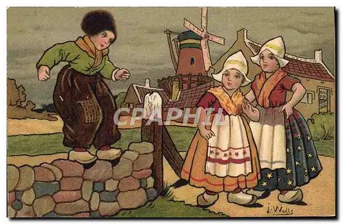 Cartes postales Fantaisie Illustrateur Wells Enfants Pays-Bas Moulin a vent