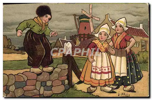 Cartes postales Fantaisie Illustrateur Wells Enfants Pays-Bas Moulin a vent