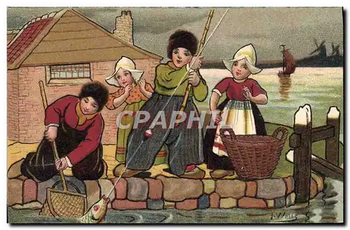 Cartes postales Fantaisie Illustrateur Wells Enfants Pays-Bas Poisson peche