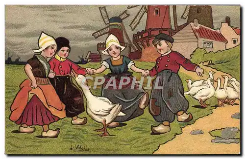 Cartes postales Fantaisie Illustrateur Wells Enfants Pays-Bas Moulin a vent Oies