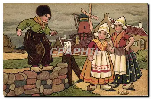 Cartes postales Fantaisie Illustrateur Wells Enfants Pays-Bas Moulin a vent