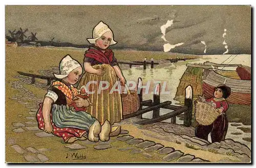 Cartes postales Fantaisie Illustrateur Wells Enfants Pays-Bas Bateau Peche Poisson