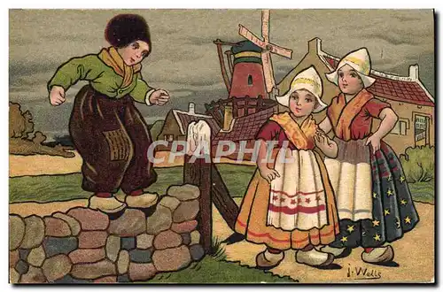 Cartes postales Fantaisie Illustrateur Wells Enfants Pays-Bas Moulin a vent