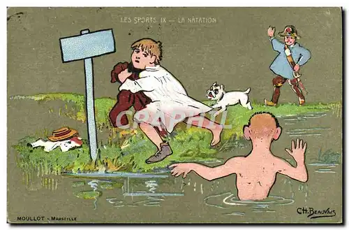 Cartes postales La natation Illustrateur Beauvais Chien