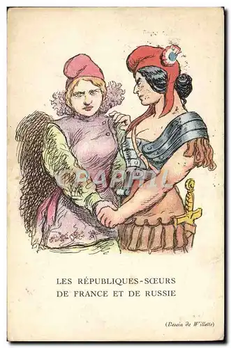 Ansichtskarte AK Fantaisie Illustrateur Les Republiques Soeurs de France et de Russie Russia Willette