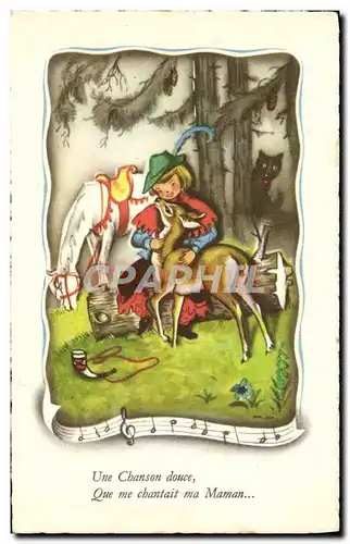 Cartes postales Fantaisie Illustrateur Enfant Biche Loup Cheval