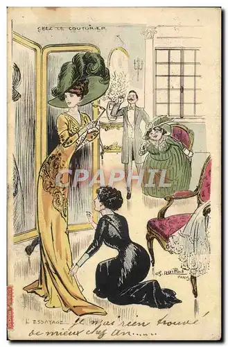 Cartes postales Fantaisie Illustrateur Femme Chez le couturier L&#39essayage