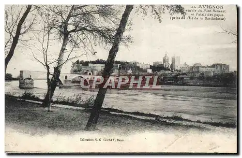 Cartes postales Avignon Vue d&#39ensemble du pont Benezet et palais des papes prise de l&#39ile de la Barthelais