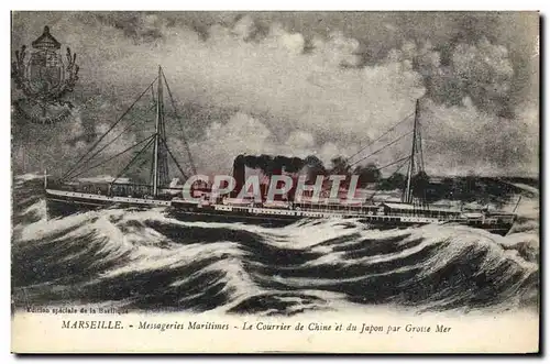 Cartes postales Bateau Paquebot Marseille Messageries Maritimes Le courrier de Chine et du Japon par grosse mer