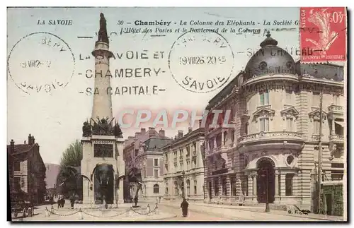 Cartes postales Elephant Chambery La colonne des Elephants La Societe Generale L&#39Hotel des Postes et le boule