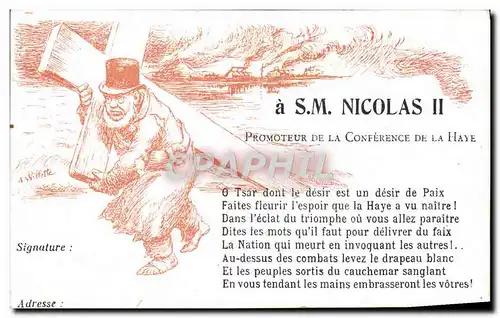 Cartes postales Politique Satirique SM Nicolas II Promoteur de la Conference de la Haye