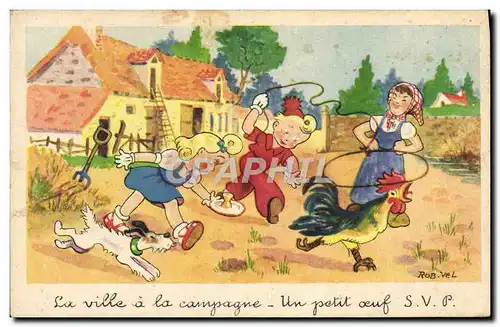 Ansichtskarte AK Fantaisie Illustrateur Rob Vel Enfants Coq Poule Chien