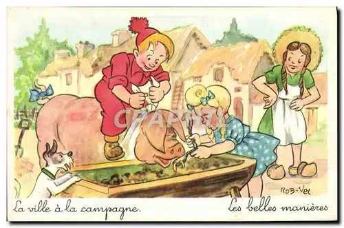 Cartes postales Fantaisie Illustrateur Rob Vel Enfants Cochon Porc