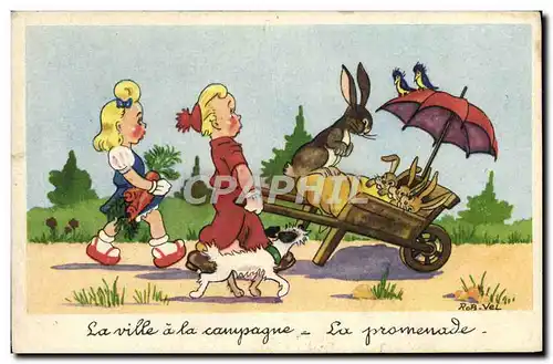 Ansichtskarte AK Fantaisie Illustrateur Rob Vel Enfants Chien Lapin