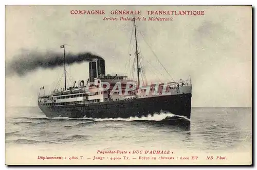 Ansichtskarte AK Bateau Compagnie Generale Transatlantique Paquebot Poste Duc d&#39Aumale