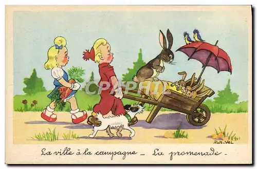 Cartes postales Fantaisie Illustrateur Enfants Lapin Chien Rob Nel