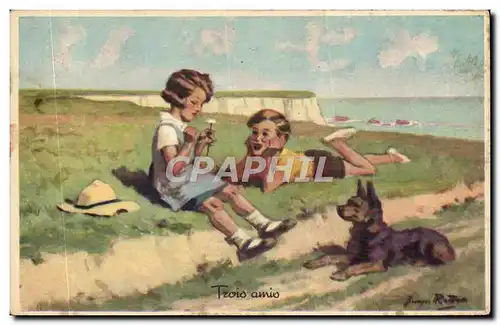 Cartes postales Fantaisie Illustrateur Redon Enfants Chien Trois amis