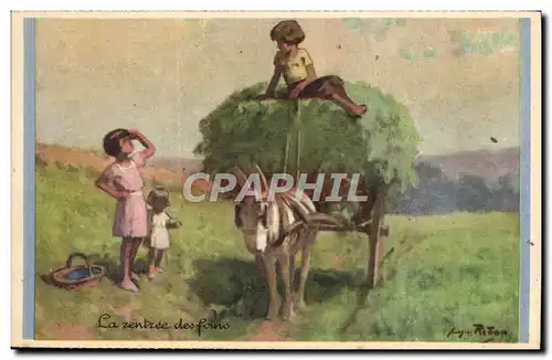 Cartes postales Fantaisie Illustrateur Redon Enfants Ane Mule La rentree des foins