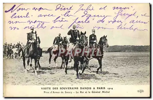 Ansichtskarte AK Visite des souverains danois a Paris 1914 Prise d&#39armes de Satory Le roi et le general Michel