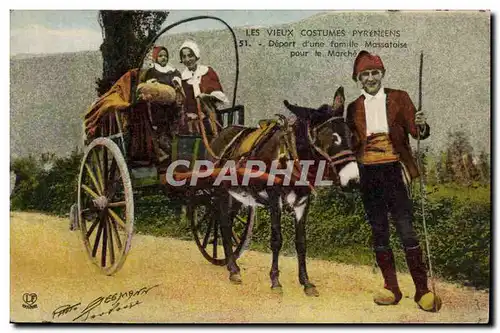 Cartes postales Pyrenees Vieux costumes pyreneens Depart d&#39une famille Massatoise pour le marche Ane Mule