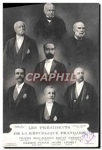 Cartes postales Les presidents de la Republique Thiers Mac mahon Grevy Carnot Casimir Perier Faure Loubet